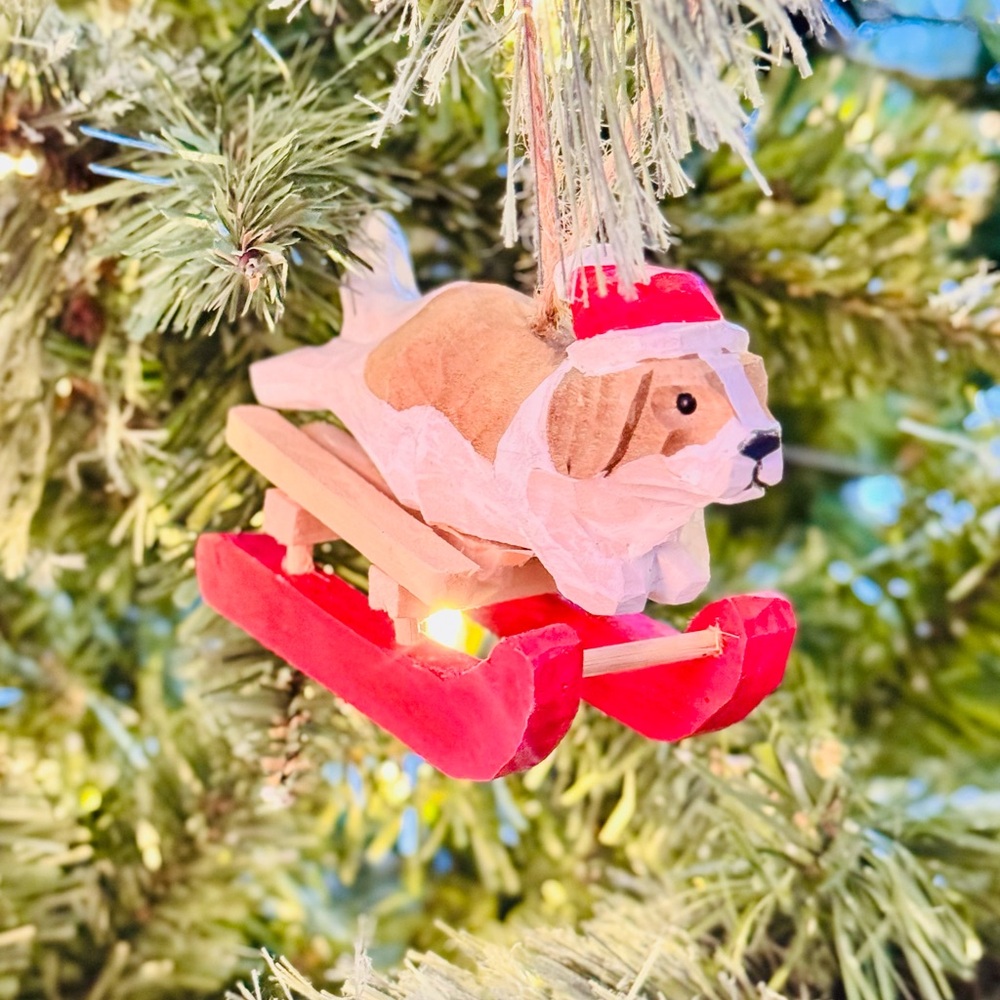 WISTERIA Rustic Hand Carved Wooden Spaniel Dog Christmas Ornament Snow Critters